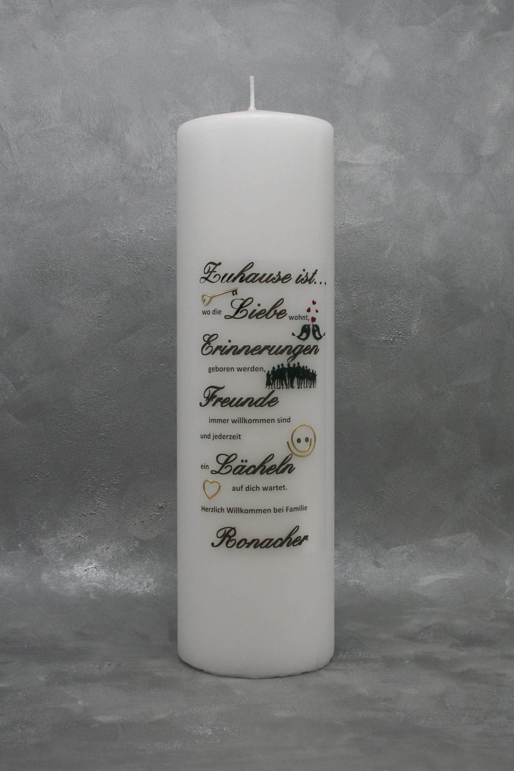 Laternenkerze / Hauseinweihungskerze mit Schrift und Symbole