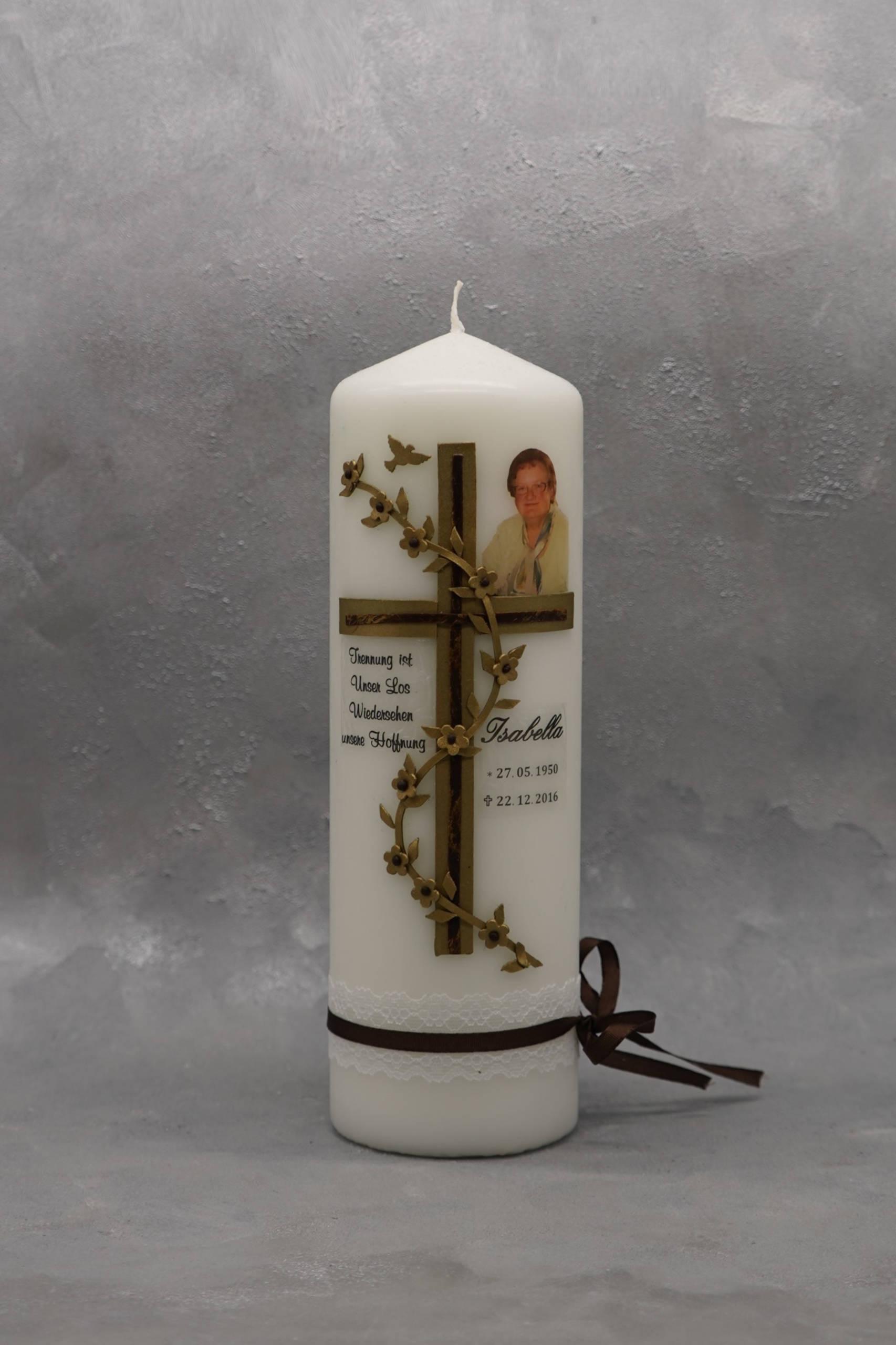 XL Trauerkerze mit Kreuz, Blumenranken und Foto