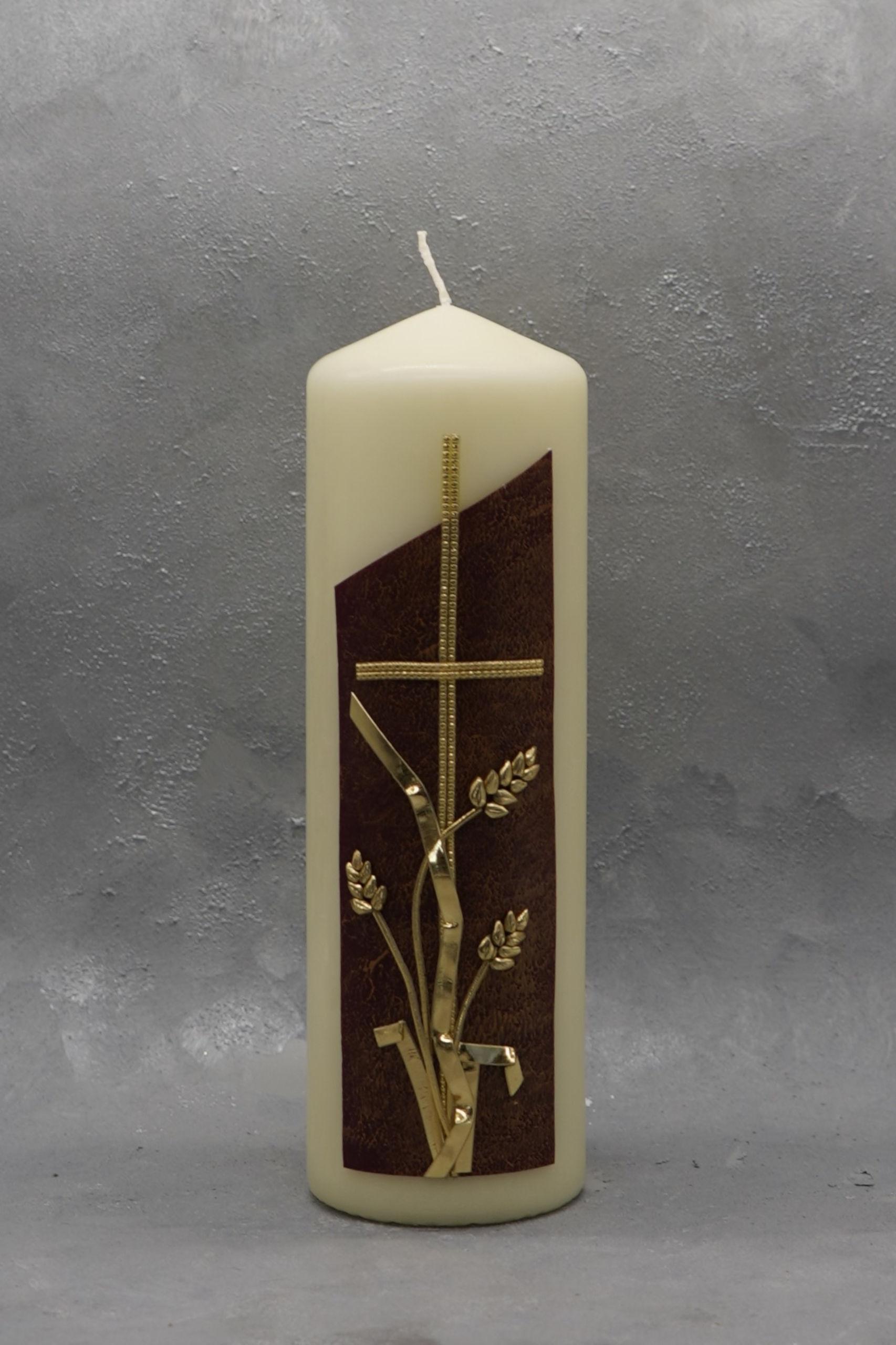 Trauerkerze mit Kreuz, drei Ähren und Hintergrundmotiv