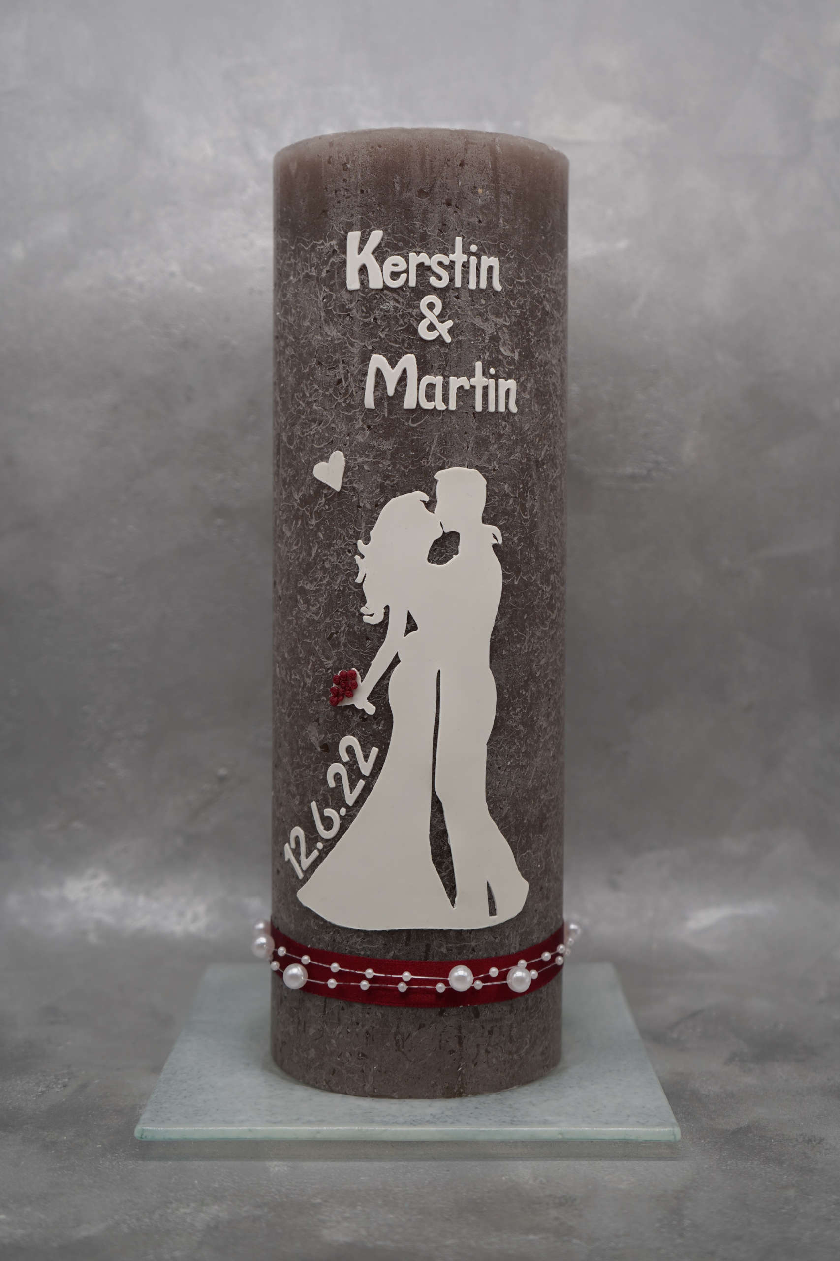 XXL Hochzeitskerze Rustik taupe mit Hochzeitspaar