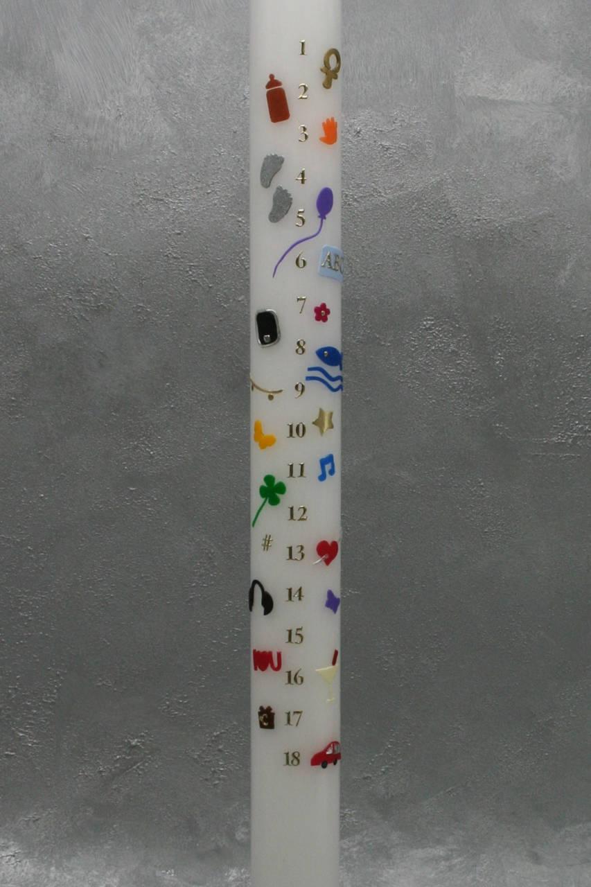 Lebenskerze mit Zahlen von 1-18 und 22 kleine Symbole