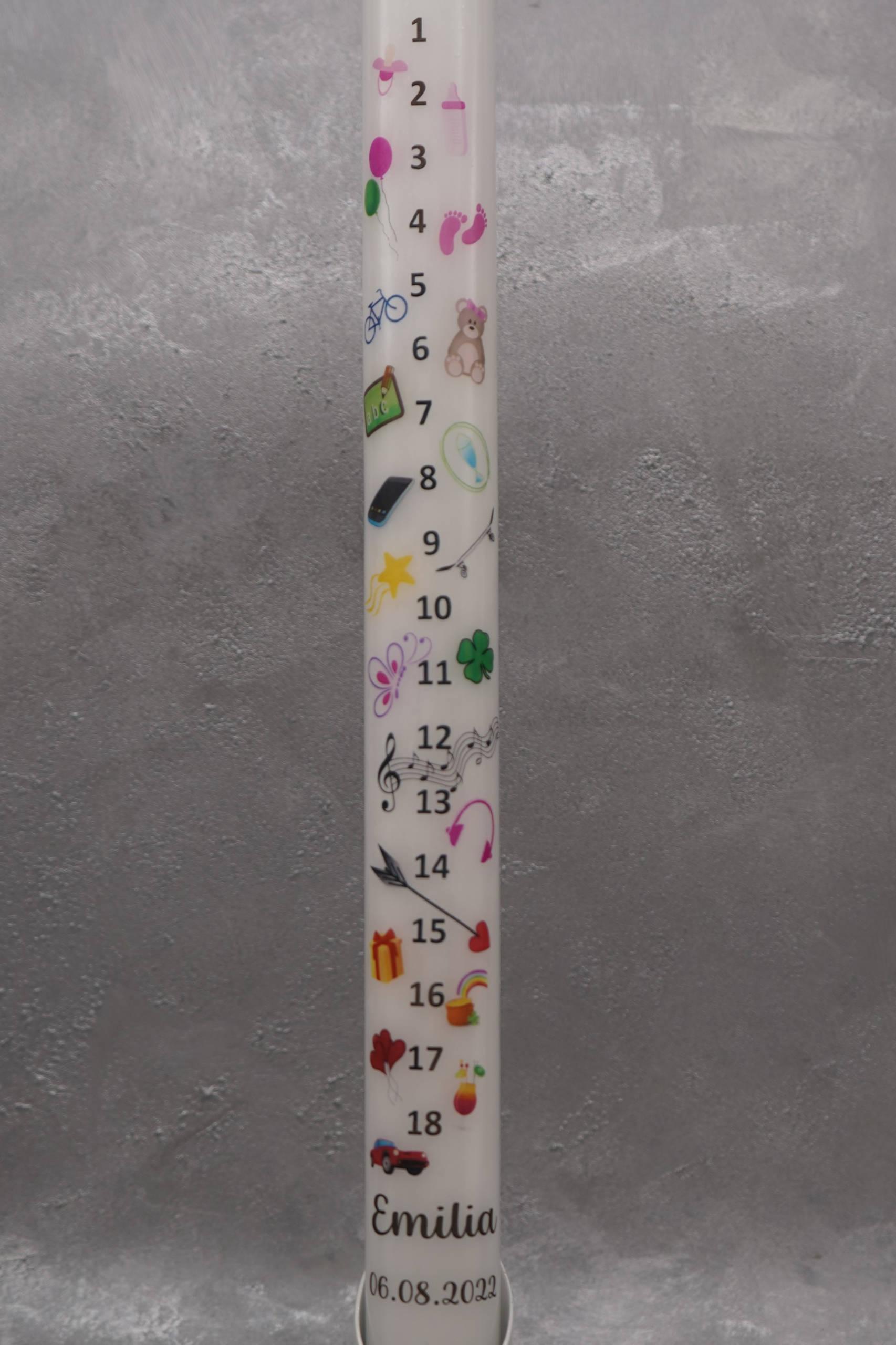 Lebenskerze mit Zahlen von 1-18 und 21 kleine Symbole
