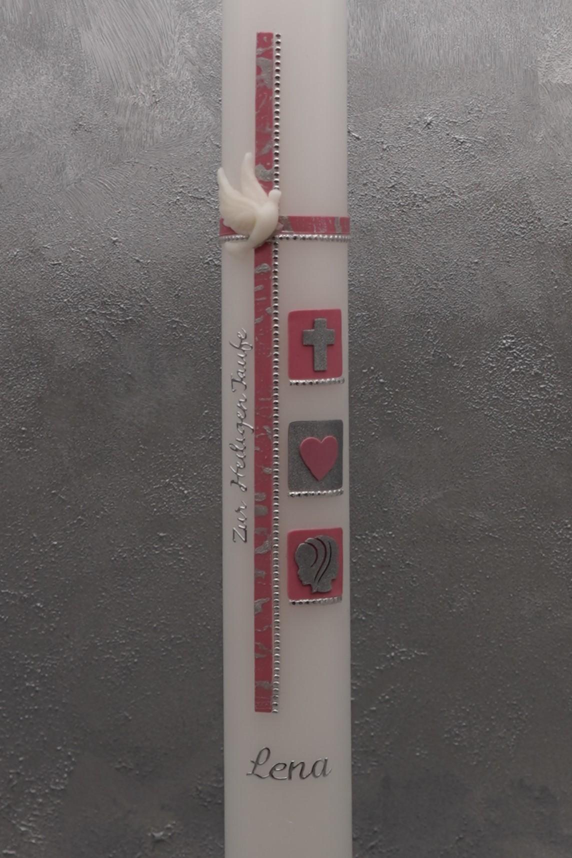 Taufkerze mit drei Symbolen (Kreuz, Herz, Zwillinge)