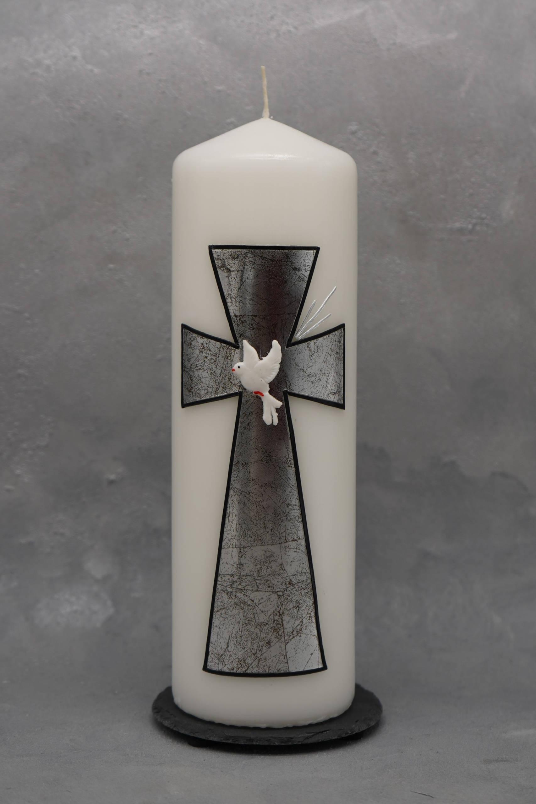 Trauerkerze mit Silberkreuz und Taube