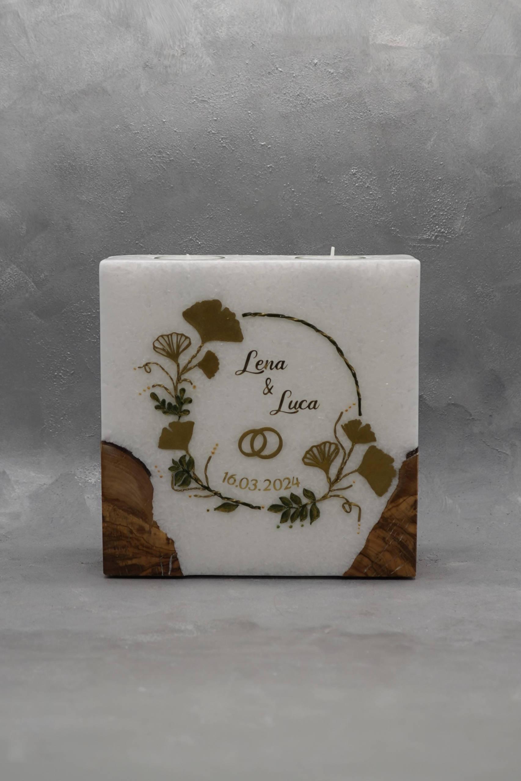 Hochzeitskerze mit eingegossenem Holz und 2 Teelichteinsätzen Ginkgo