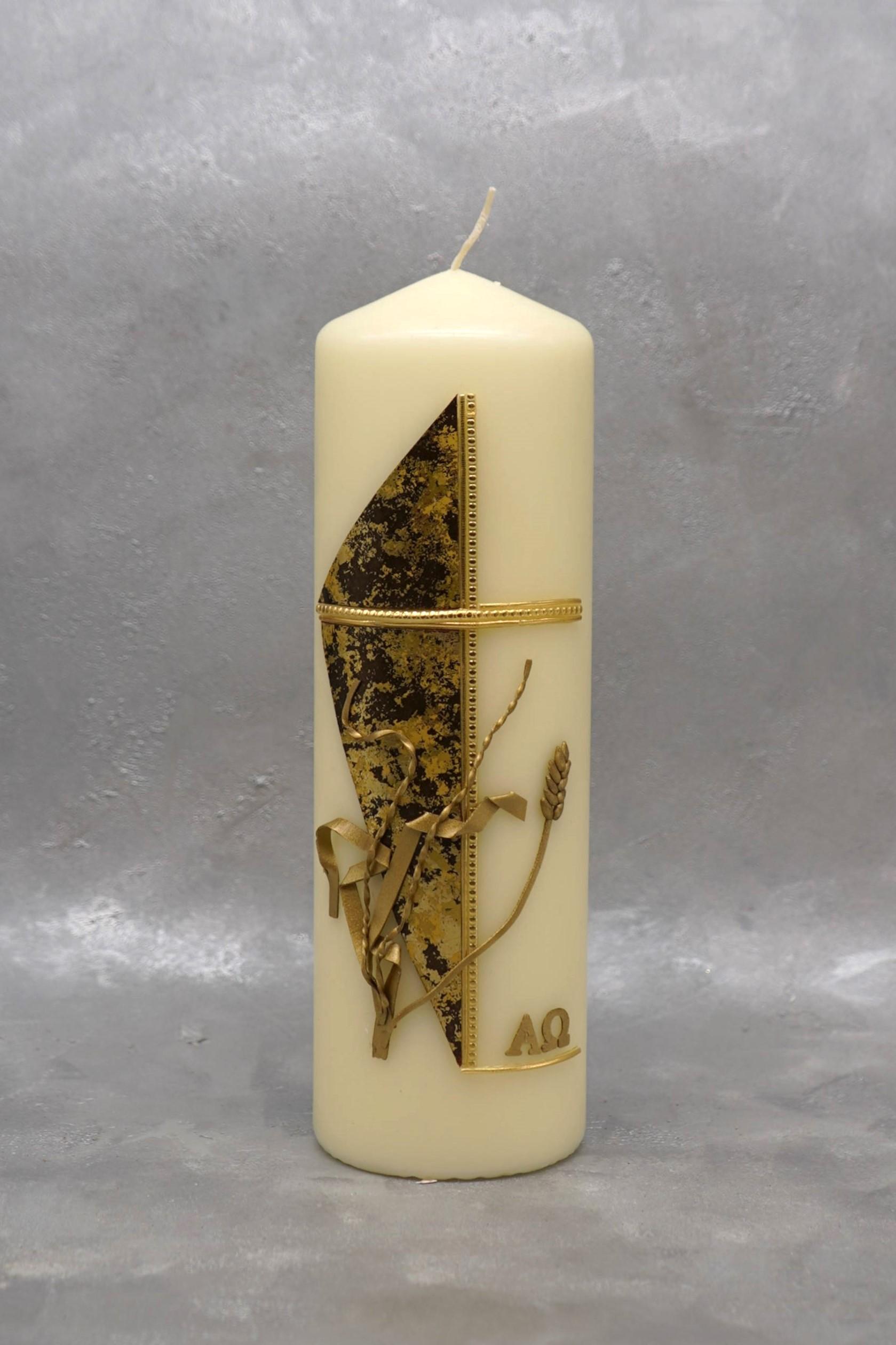 Trauerkerze mit Doppelkreuz, Ähre und Hintergrundmotiv