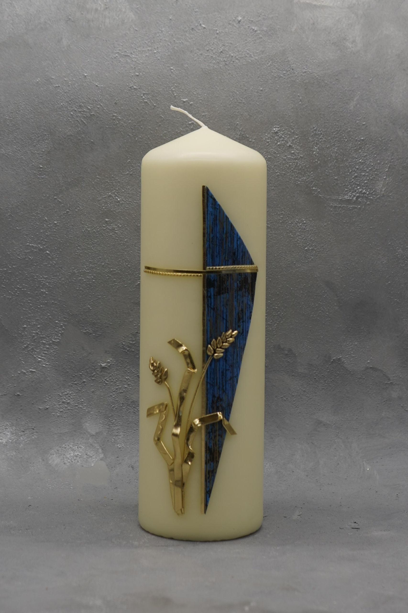 Trauerkerze mit Kreuz, Ähre und Hintergrundmotiv