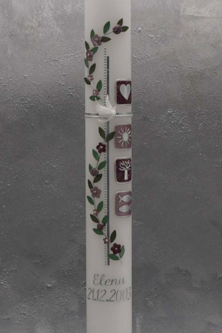Taufkerze mit vier Symbolen und Blumenranken
