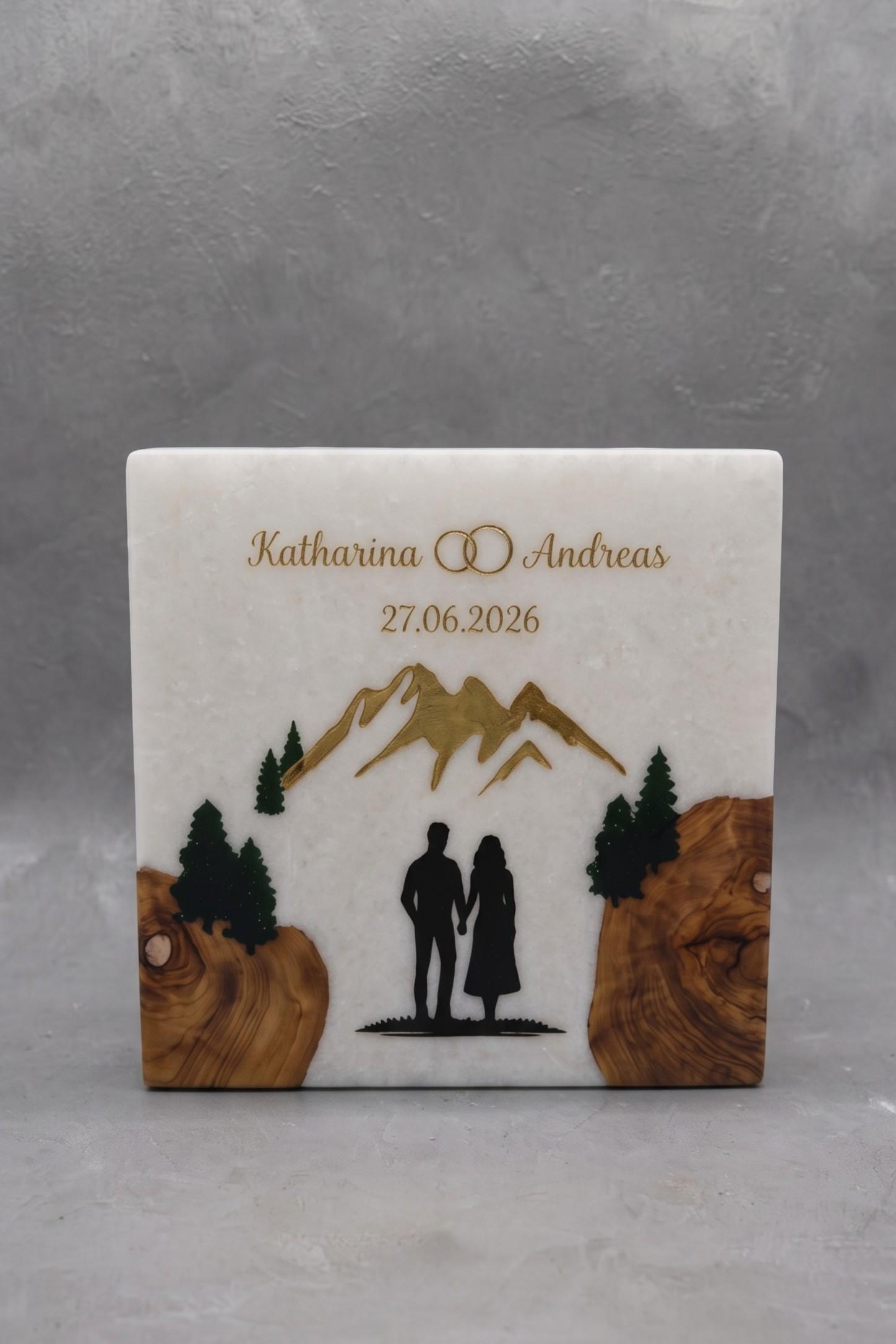 Hochzeitskerze mit eingegossenem Holz und 2 Teelichteinsätzen Paar