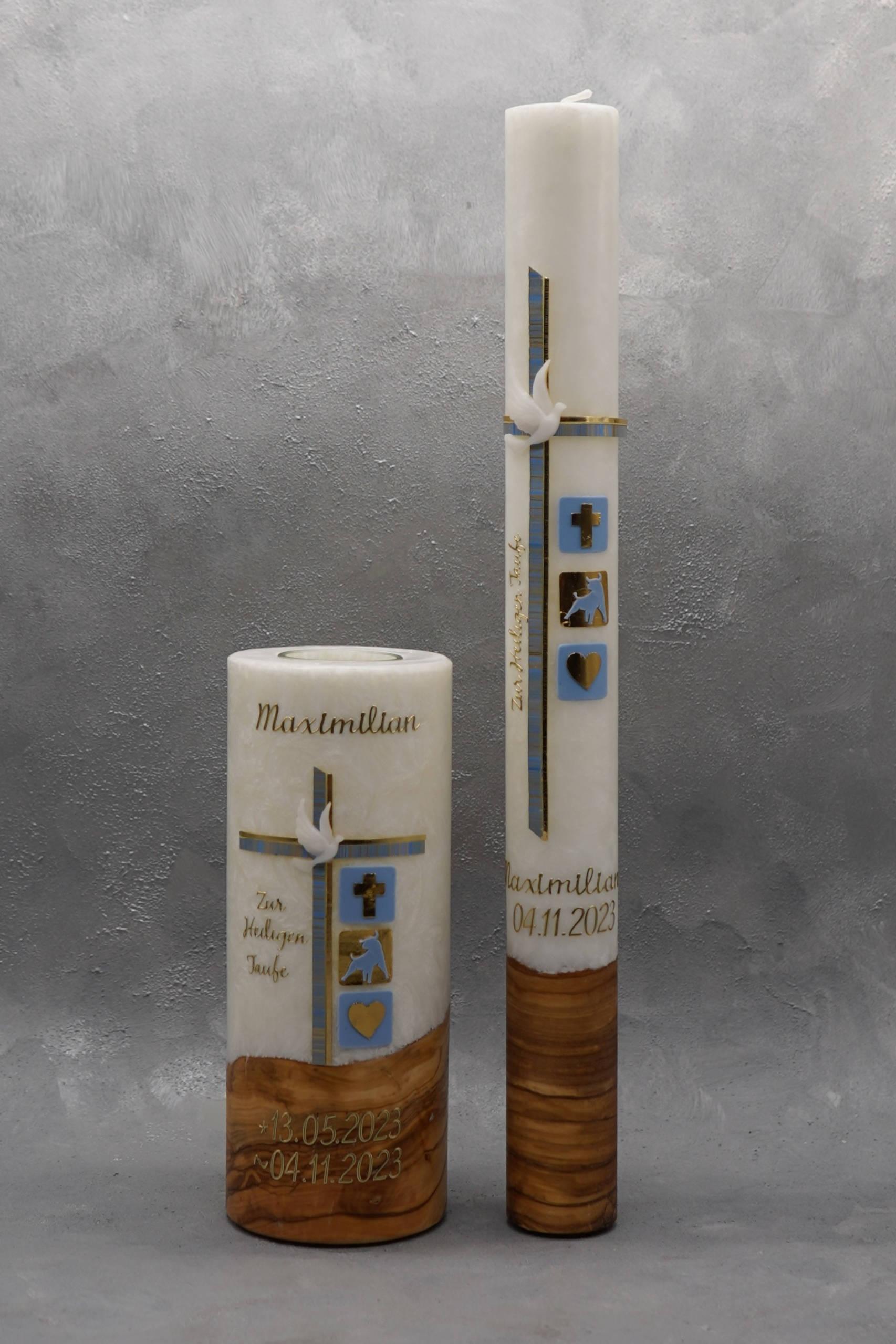 Taufkerze und Tischkerze mit Holzelement