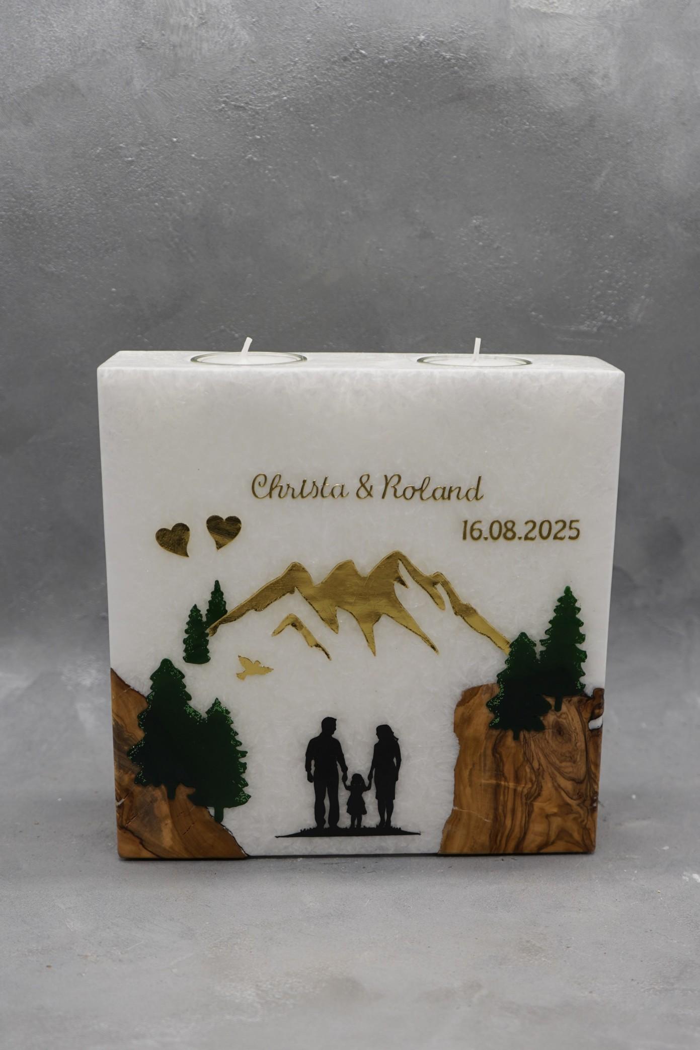 Hochzeitskerze mit eingegossenem Holz und 2 Teelichteinsätzen Paar