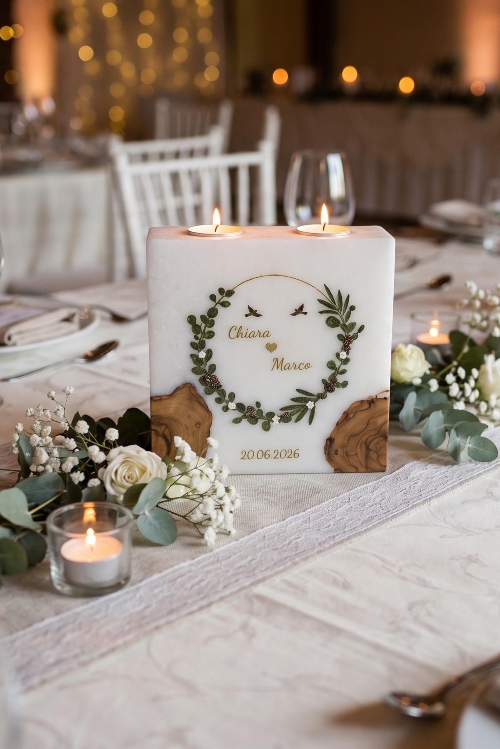 Hochzeitskerze mit eingegossenem Holz und 2 Teelichteinsätzen Eukalyptus – Bild 3