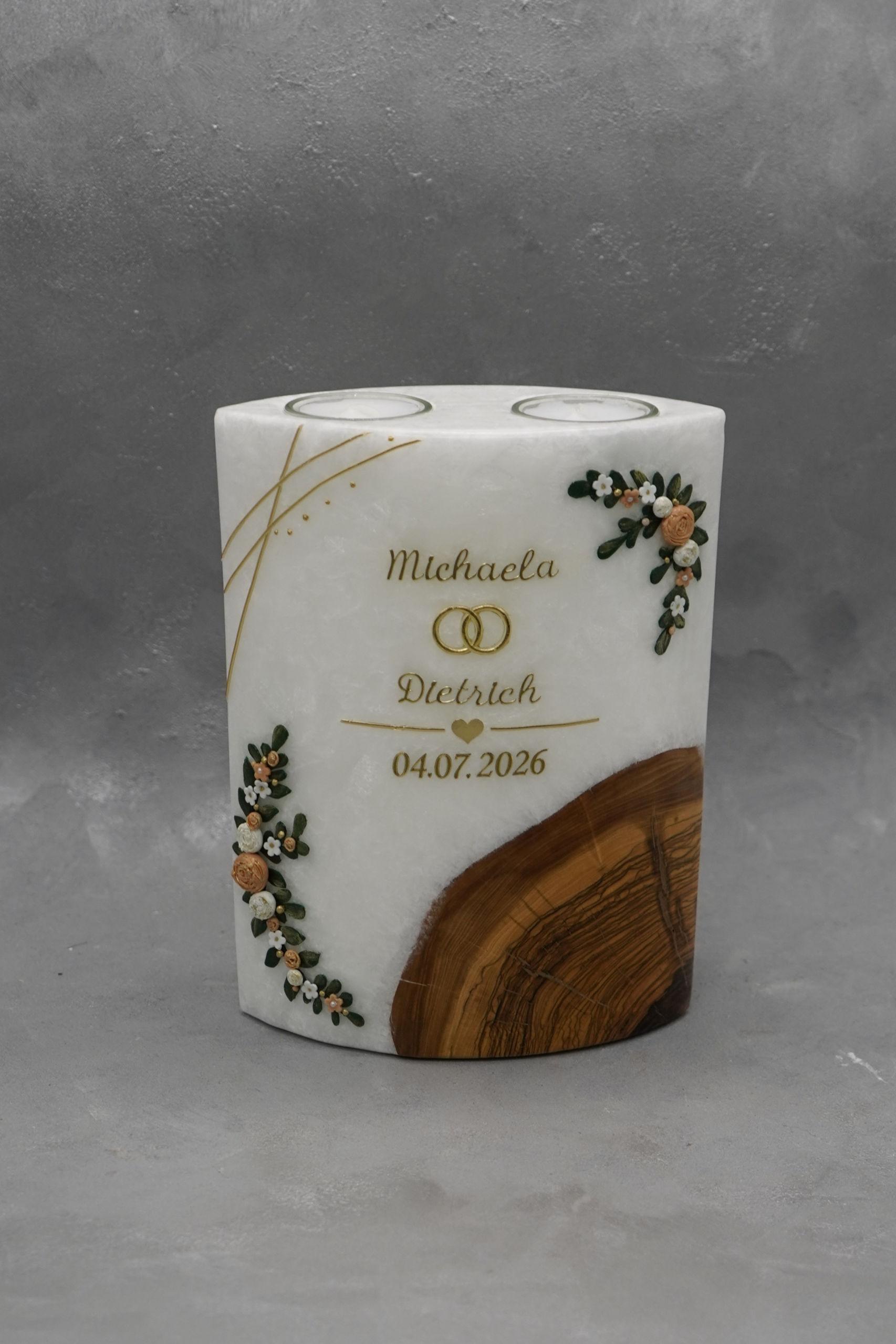 Hochzeitskerze mit eingegossenem Holz und 2 Teelichteinsätzen Ellipse